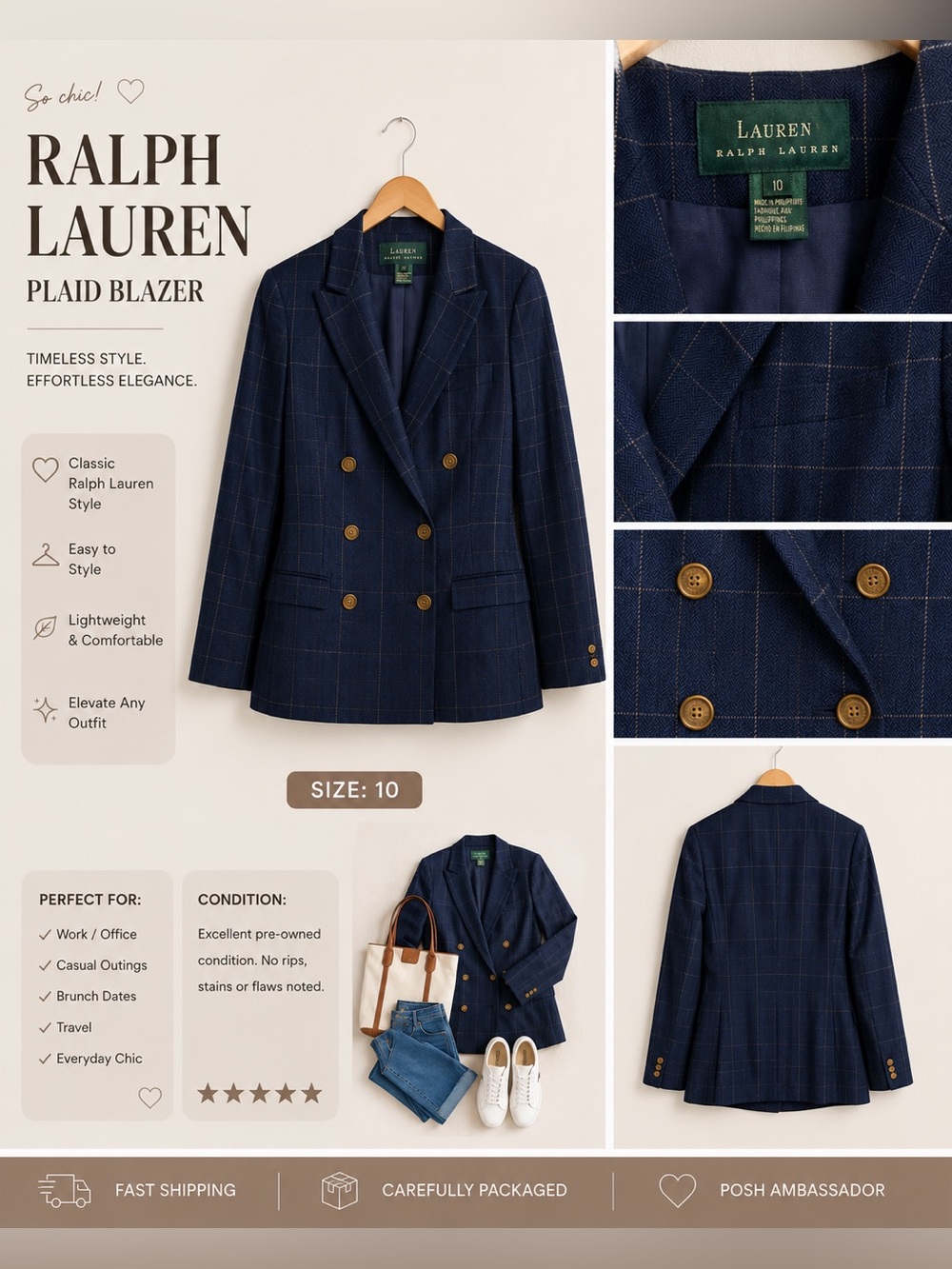Lauren Ralph Lauren Navy Windowpane Double-Breasted Blazer